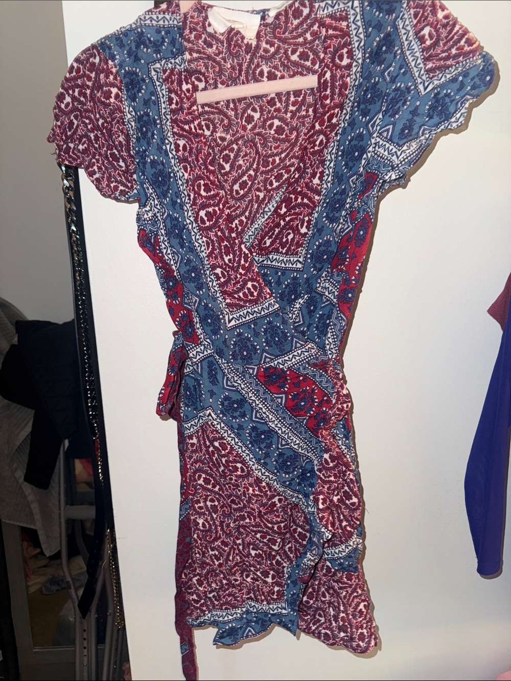 ba&sh Red and Blue Paisley Wrap Mini Dress